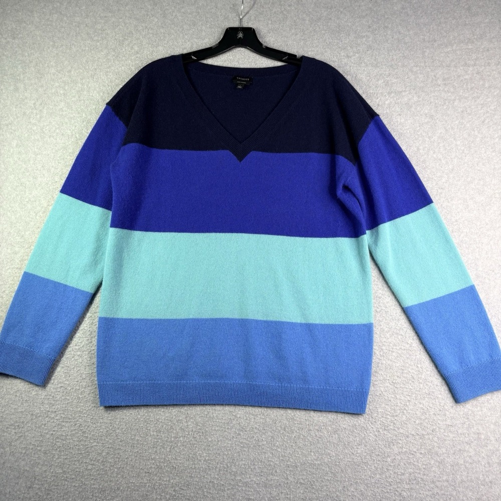Talbots 100% Cashmere Sweater Women's L Long Sleeve Blue Color Block V Neck